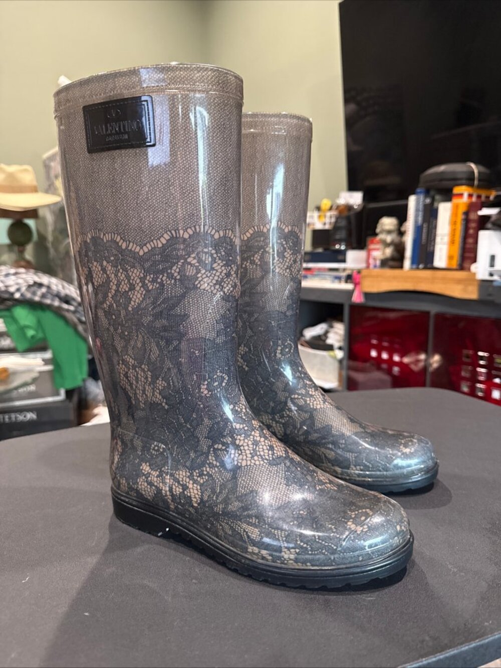 Valentino Garavani Blue Blush Lace-Printed Rubber Rain Boots Size 37 / 7 US